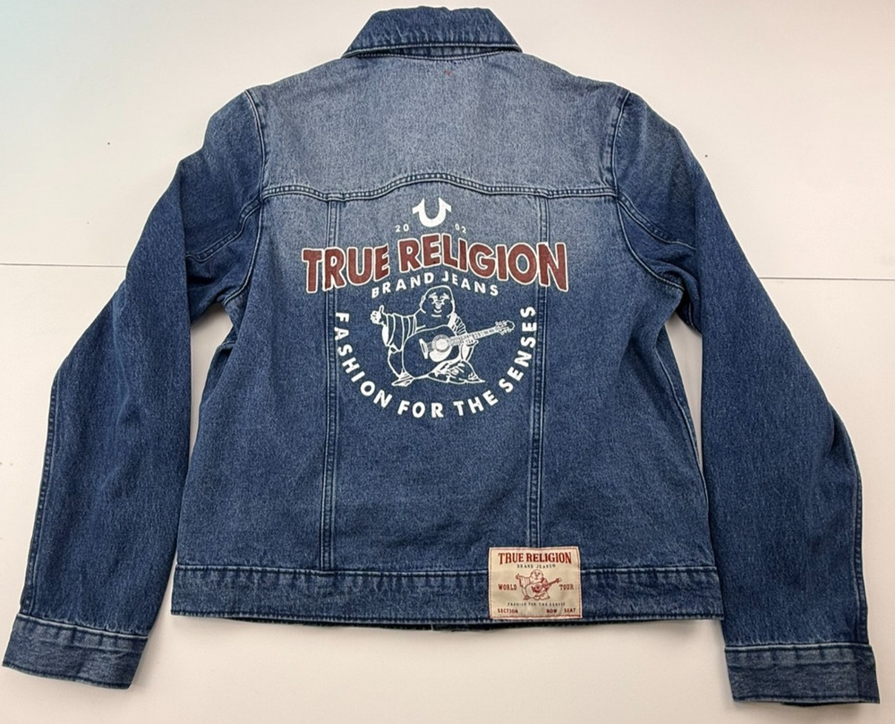 TRUE RELIGION BUTTON FRONT PRINT DENIM JACKET MEDIUM BLUE QUARTZ WASH SZ L NWTB